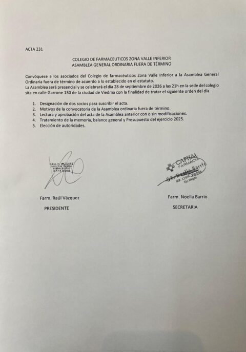 COLEGIO DE FARMACEUTICOS ZONA VALLE INFERIOR ASAMBLEA GENERAL ORDINARIA FUERA DE TÉRMINO
